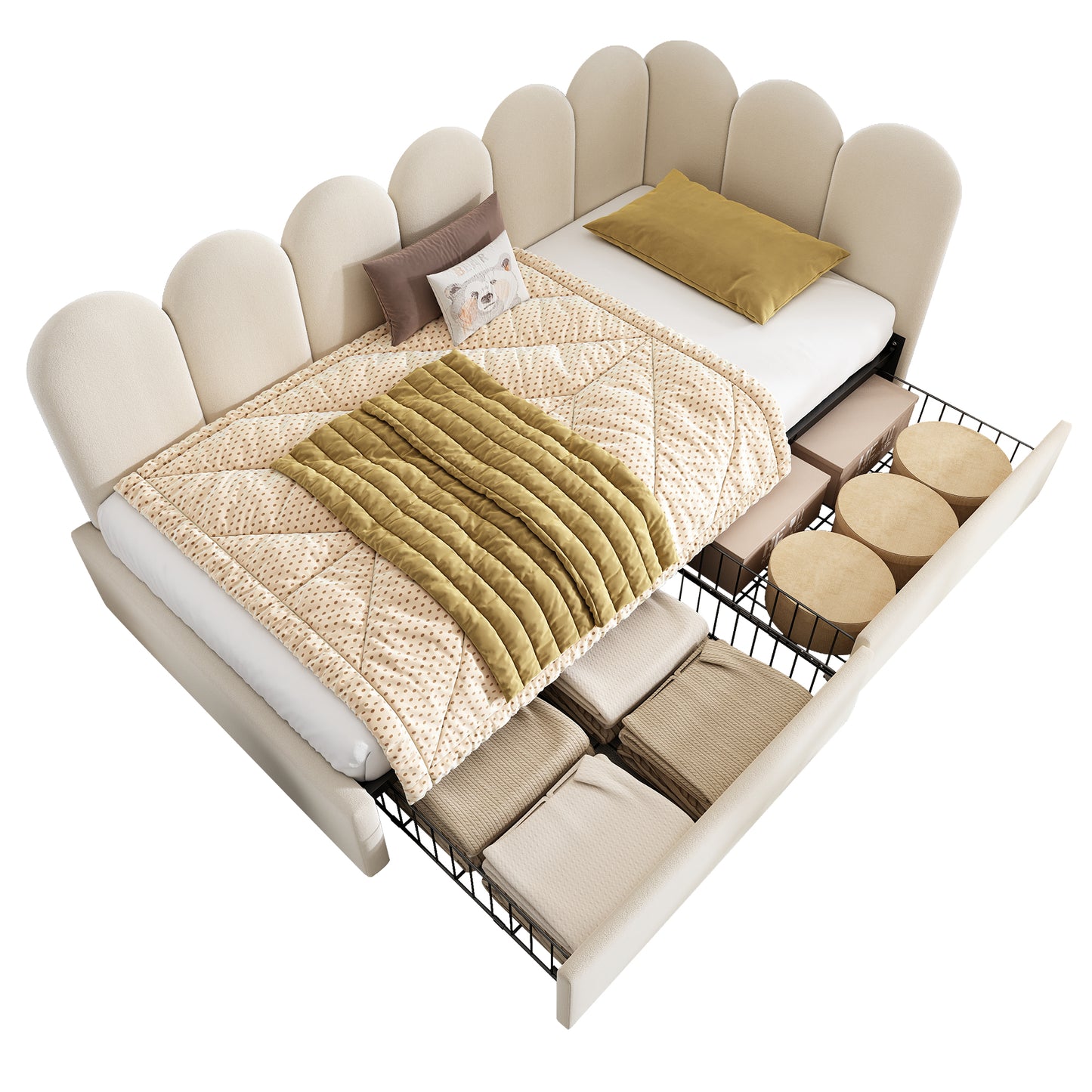 Beige upholstered kids' daybed with drawer storage, velvet fabric, 3ft single sofa bed with slatted frame for adults and children.