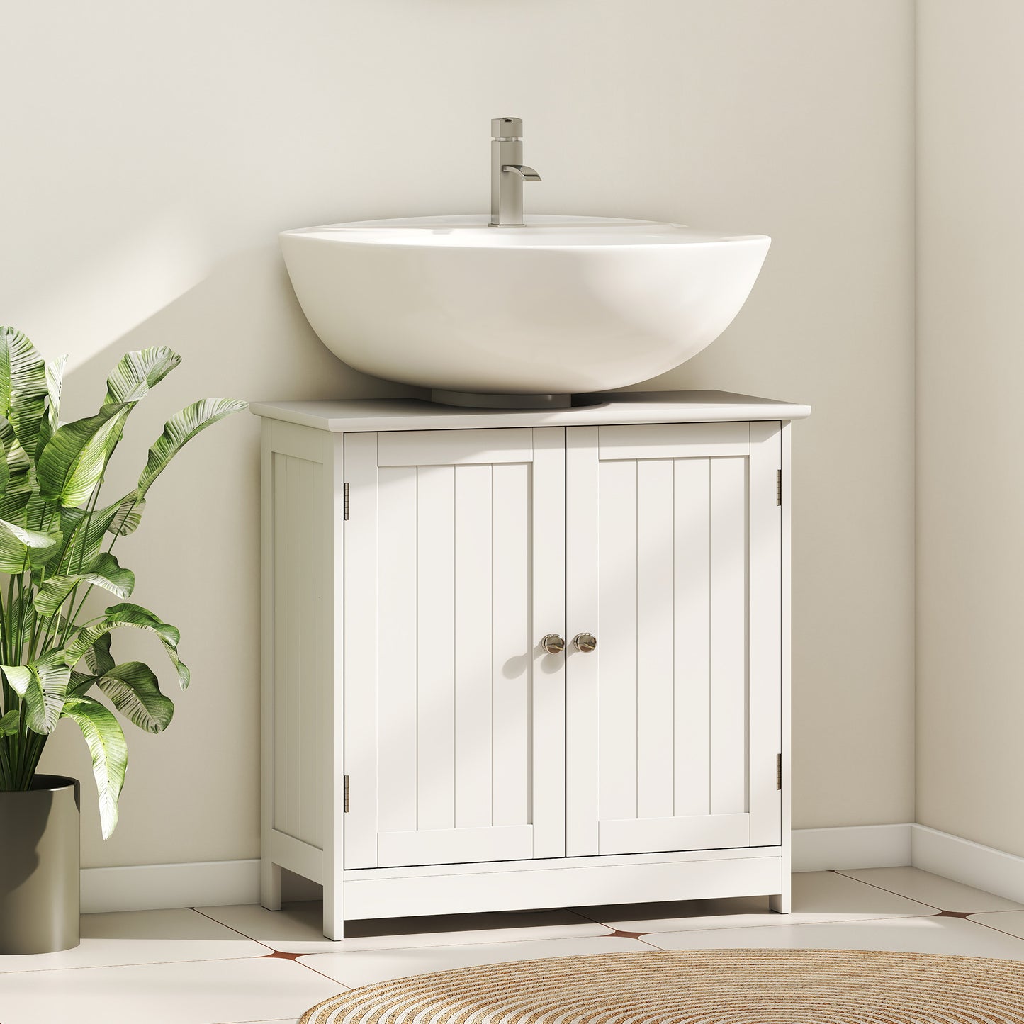 White wooden under sink bathroom storage cabinet with two layers, HOMCOM vanity unit for organizing bathroom essentials.