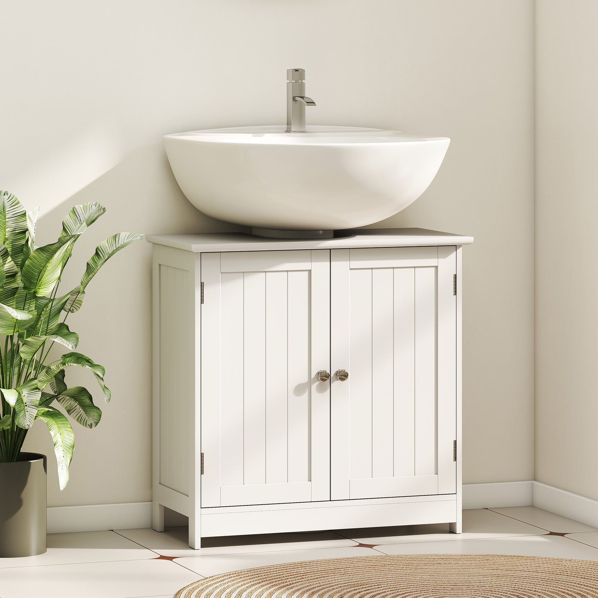 White wooden under sink bathroom storage cabinet with two layers, HOMCOM vanity unit for organizing bathroom essentials.