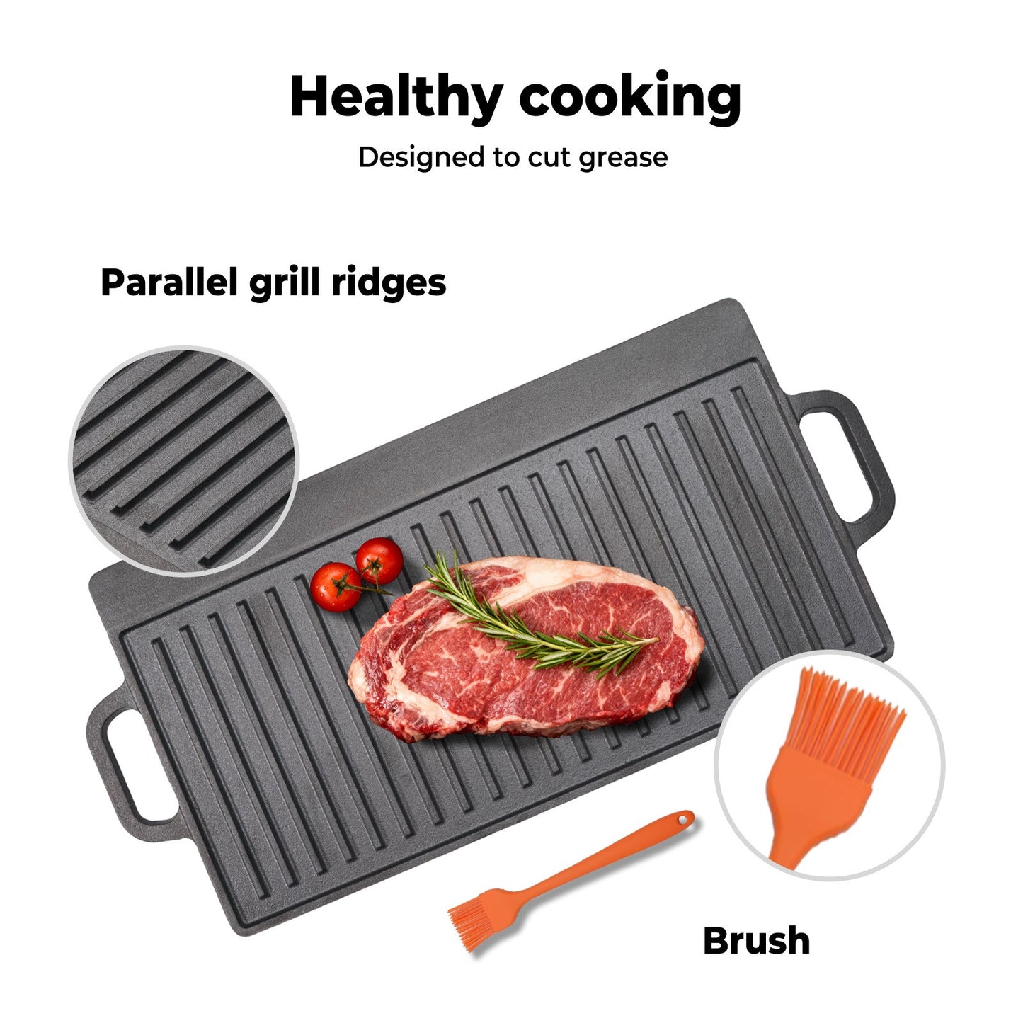 Livoshop reversible cast iron griddle plate with non-stick surface, 49.5cm grill skillet for BBQ and outdoor cooking