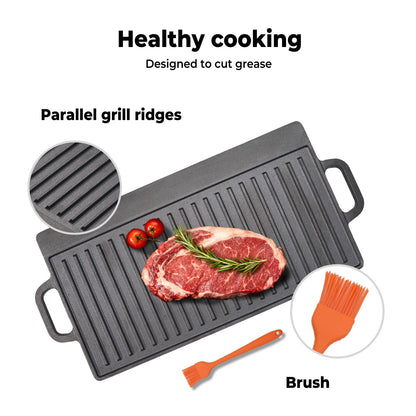 Livoshop reversible cast iron griddle plate with non-stick surface, 49.5cm grill skillet for BBQ and outdoor cooking