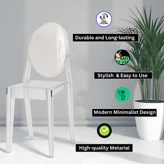 Transparent plastic ghost dining chair by MSL with a sleek, modern design and clear, see-through construction.