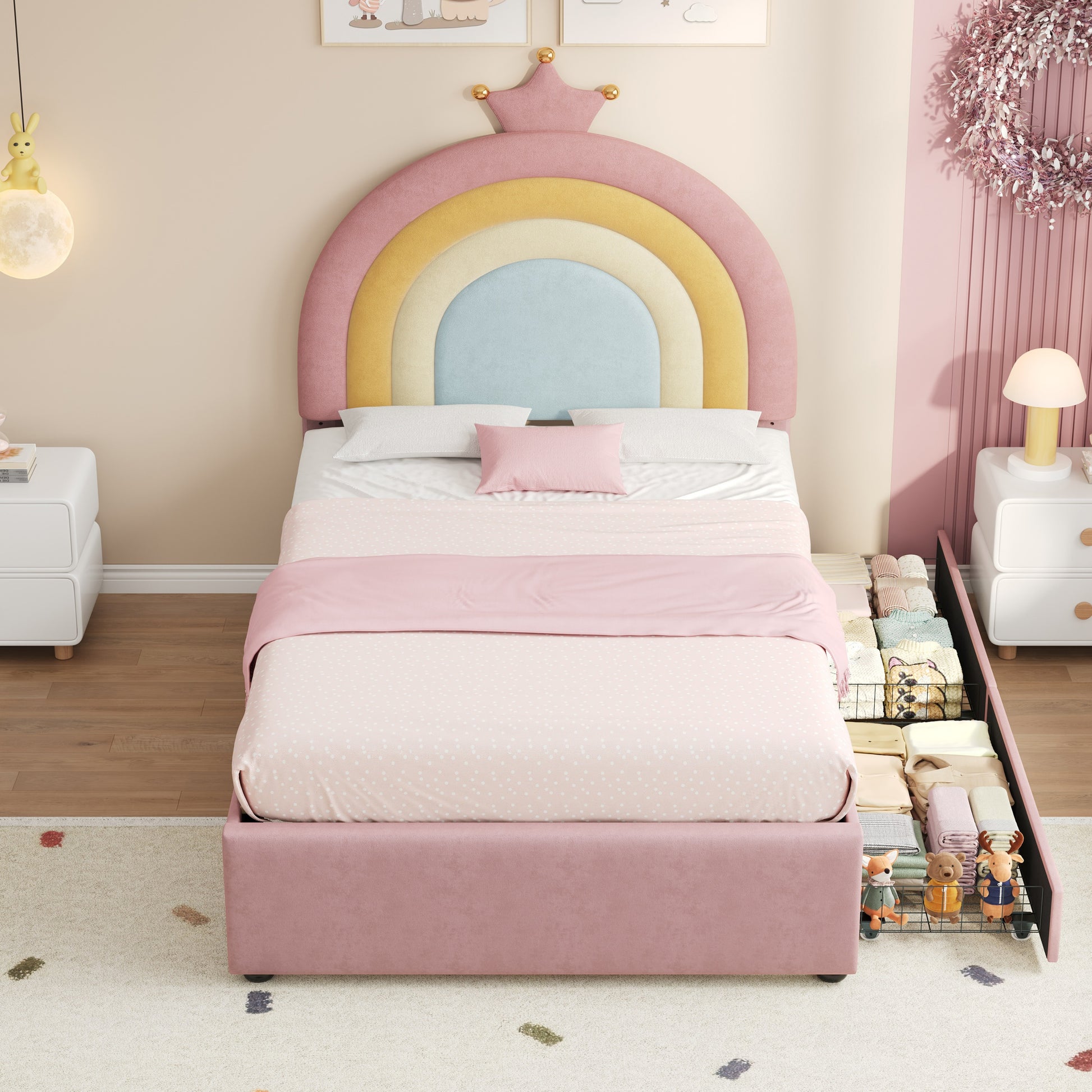 HOMCOM 3ft single upholstered bed with adjustable rainbow crown velvet headboard, soft fabric, storage drawers, no box spring needed