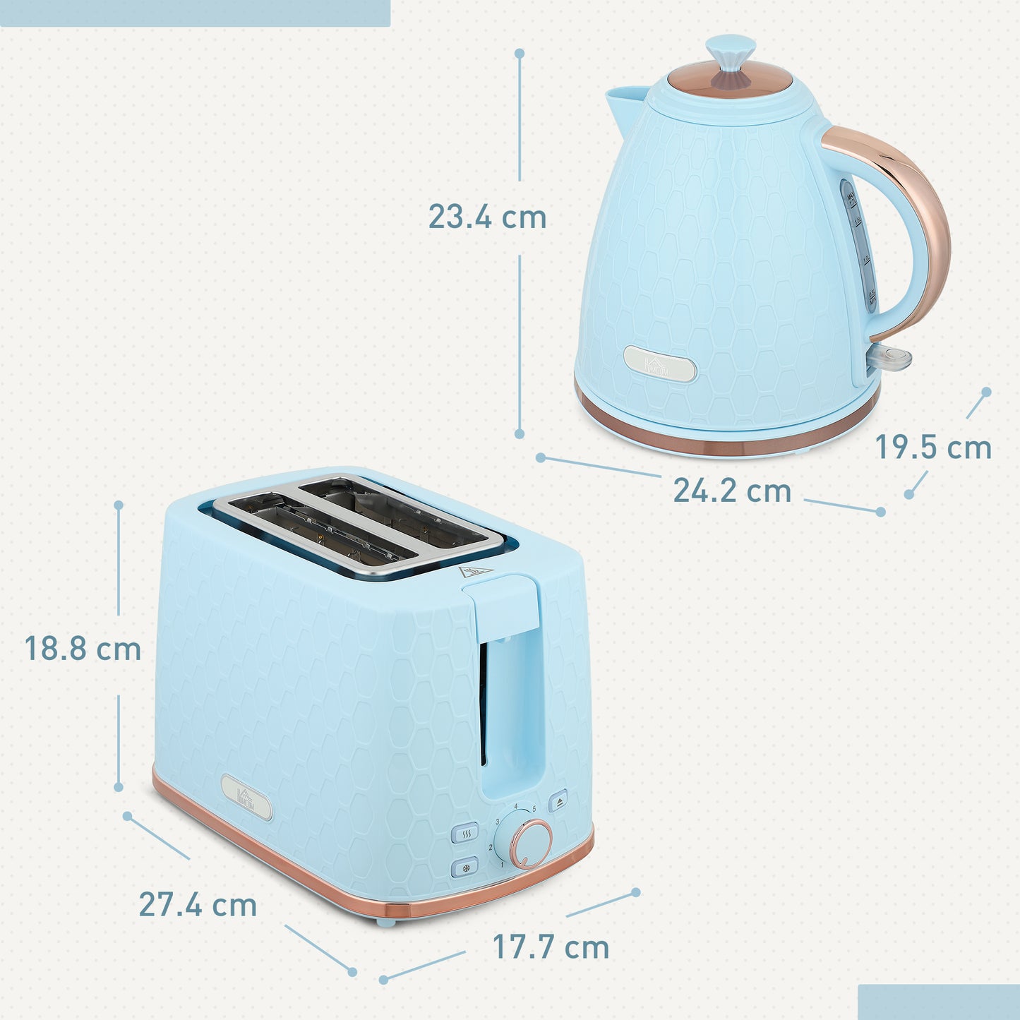 Light blue HOMCOM 1.7L 3000W fast boil kettle and 2-slice toaster set with auto shut off and browning controls.