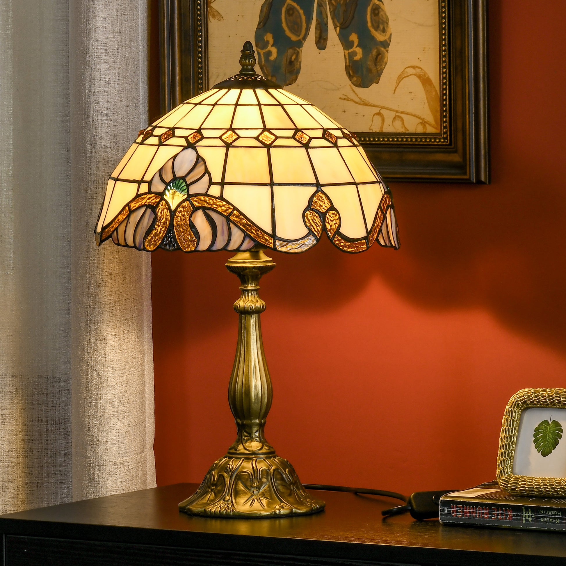 HOMCOM stained glass table lamp with colorful antique design, decorative bedside light for bedroom or living room, handmade nightstand lamp