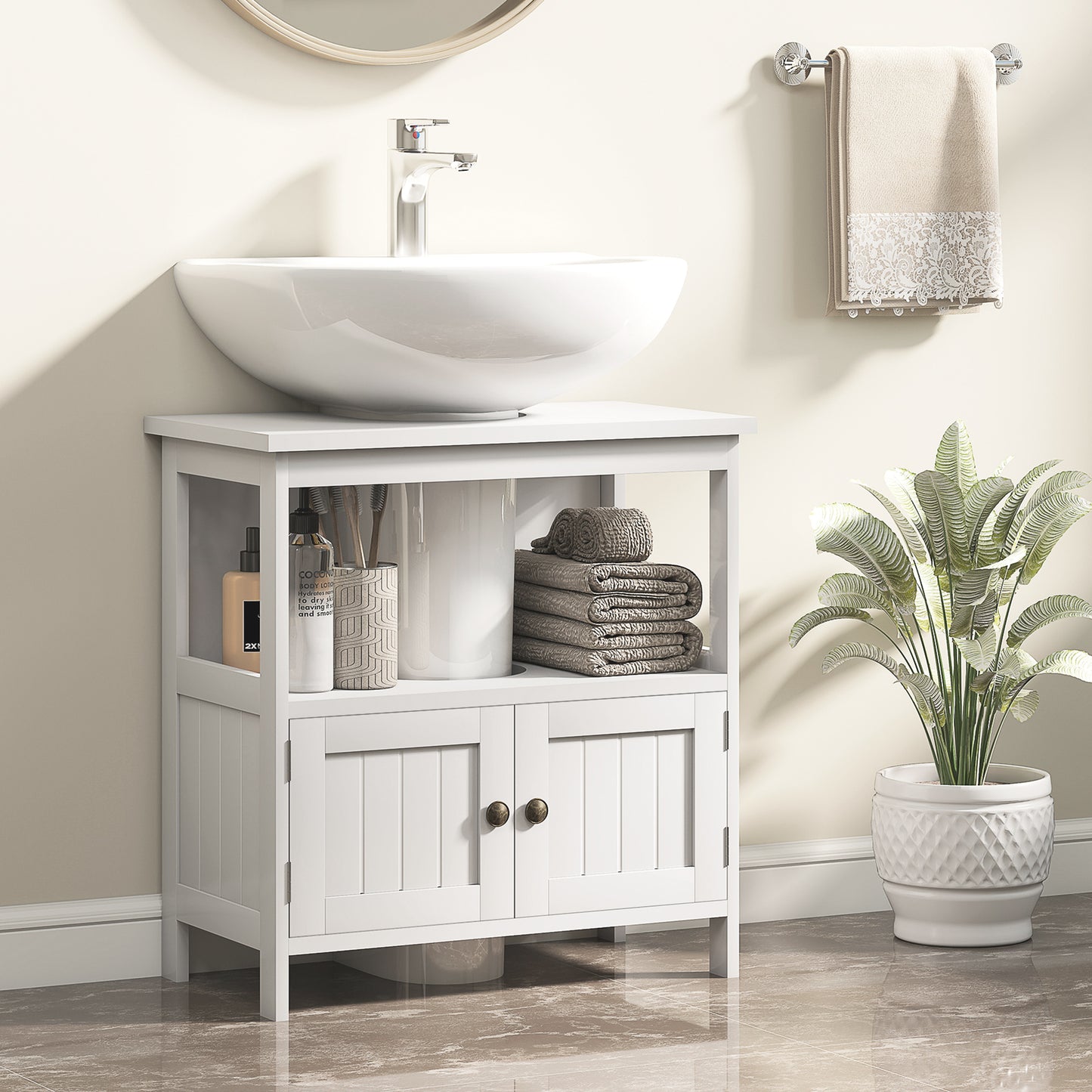 White Kleankin pedestal under sink cabinet with double doors and shelves, modern bathroom vanity storage unit by HOMCOM.