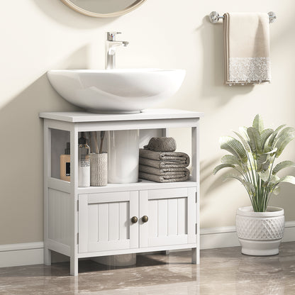 White Kleankin pedestal under sink cabinet with double doors and shelves, modern bathroom vanity storage unit by HOMCOM.