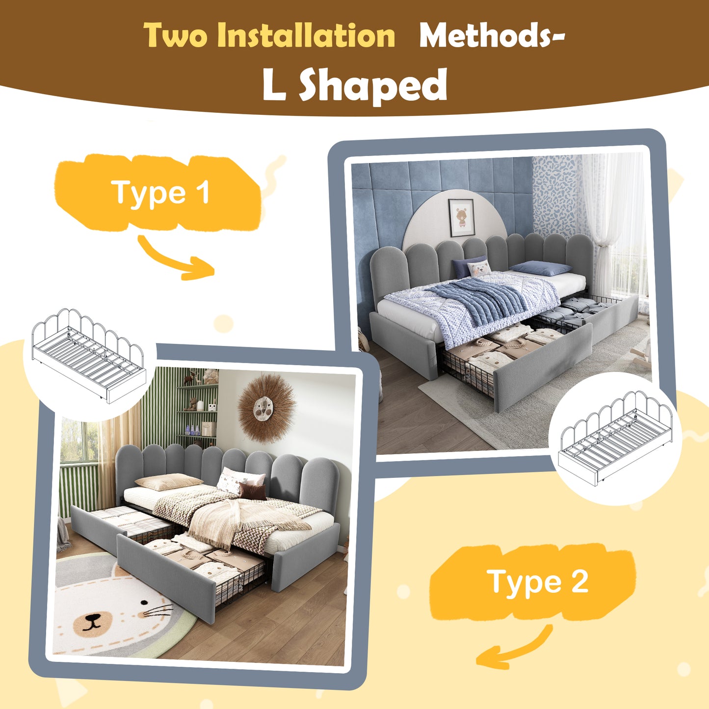Grey upholstered kids' daybed with drawer storage, slatted frame, velvet fabric, 3ft single size, suitable for children and adults.