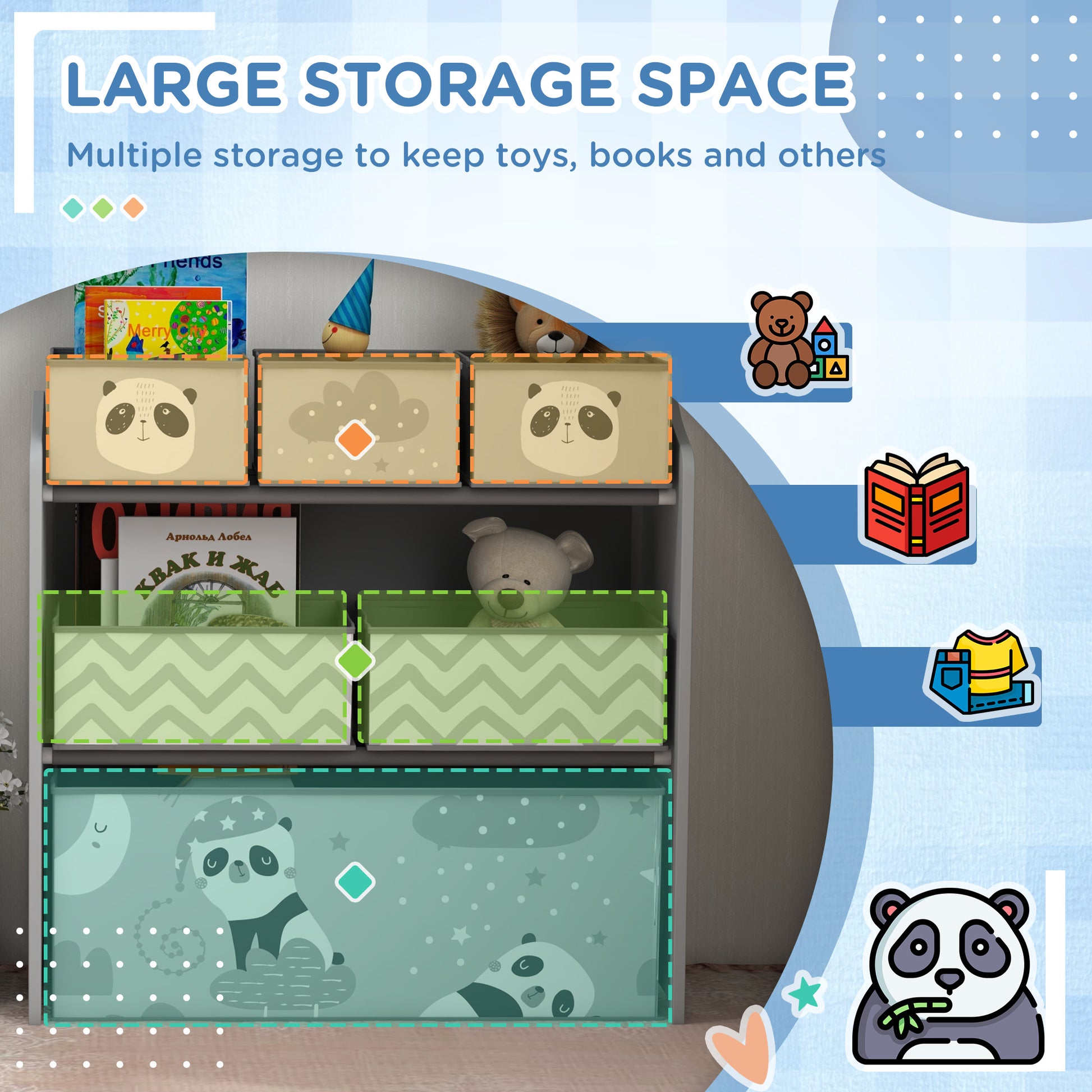 HOMCOM ZONEKIZ kids storage unit with six fabric bins in grey, ideal for bedrooms, playrooms, and nurseries for organized toy storage.
