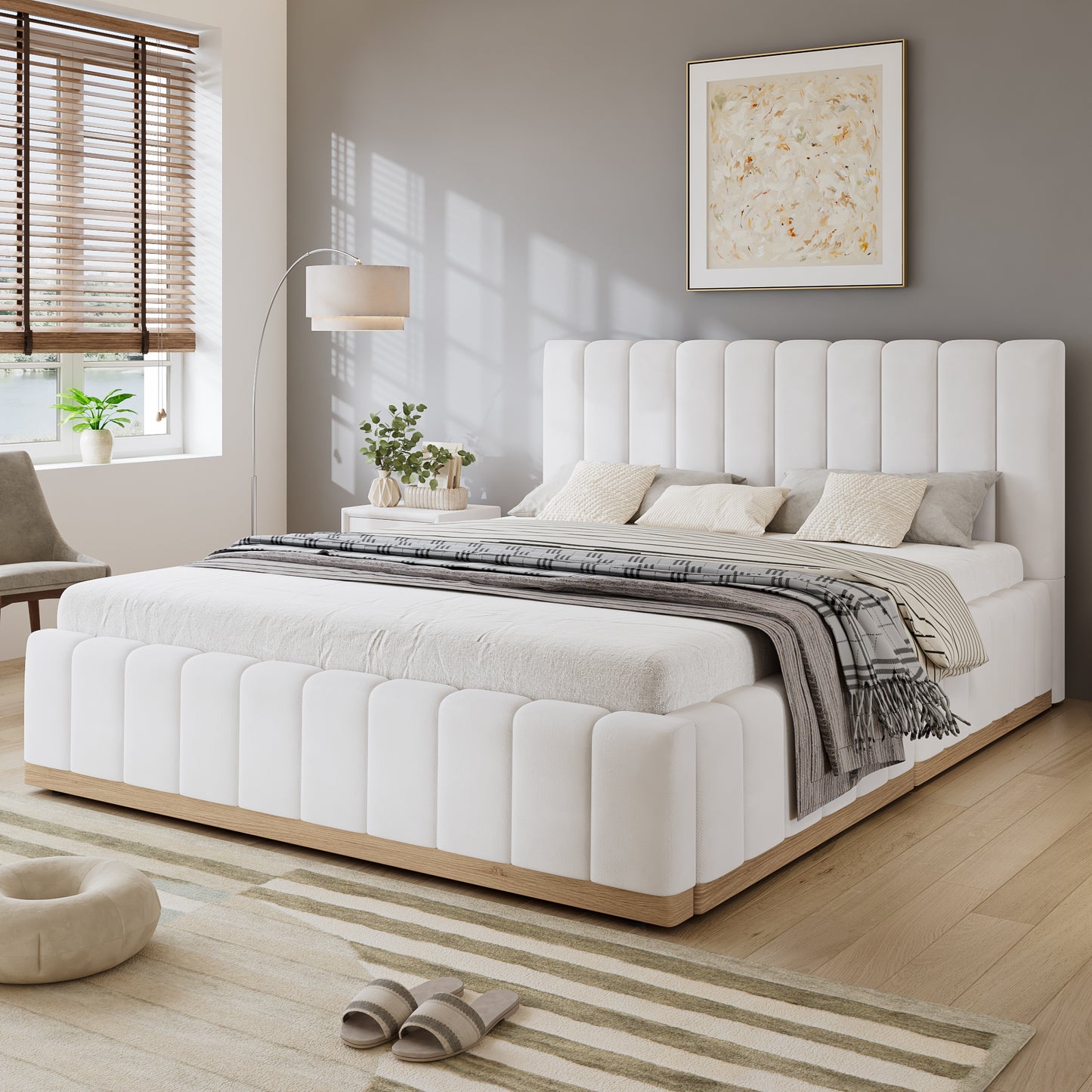 Beige upholstered double bed with soft headboard, sturdy bed slats, and a PU MDF plywood frame, size 135x190cm.