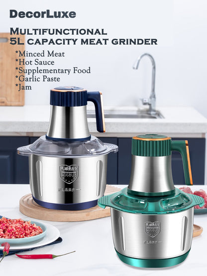 HOMCOM 5L electric meat grinder with UK plug, heavy-duty food processor, chopper, sausage maker, and kitchen helper in action.