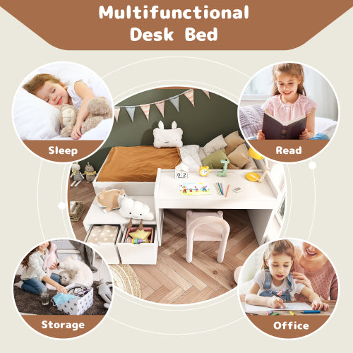 White kids single bed with desk and drawers, HOMCOM 90x190 cm wooden bed with slatted frame and storage for teenagers and adults.