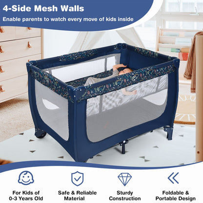 Livoshop 2-in-1 foldable baby playpen with lockable wheels and mattress, showing the safety gate and soft interior for infants.