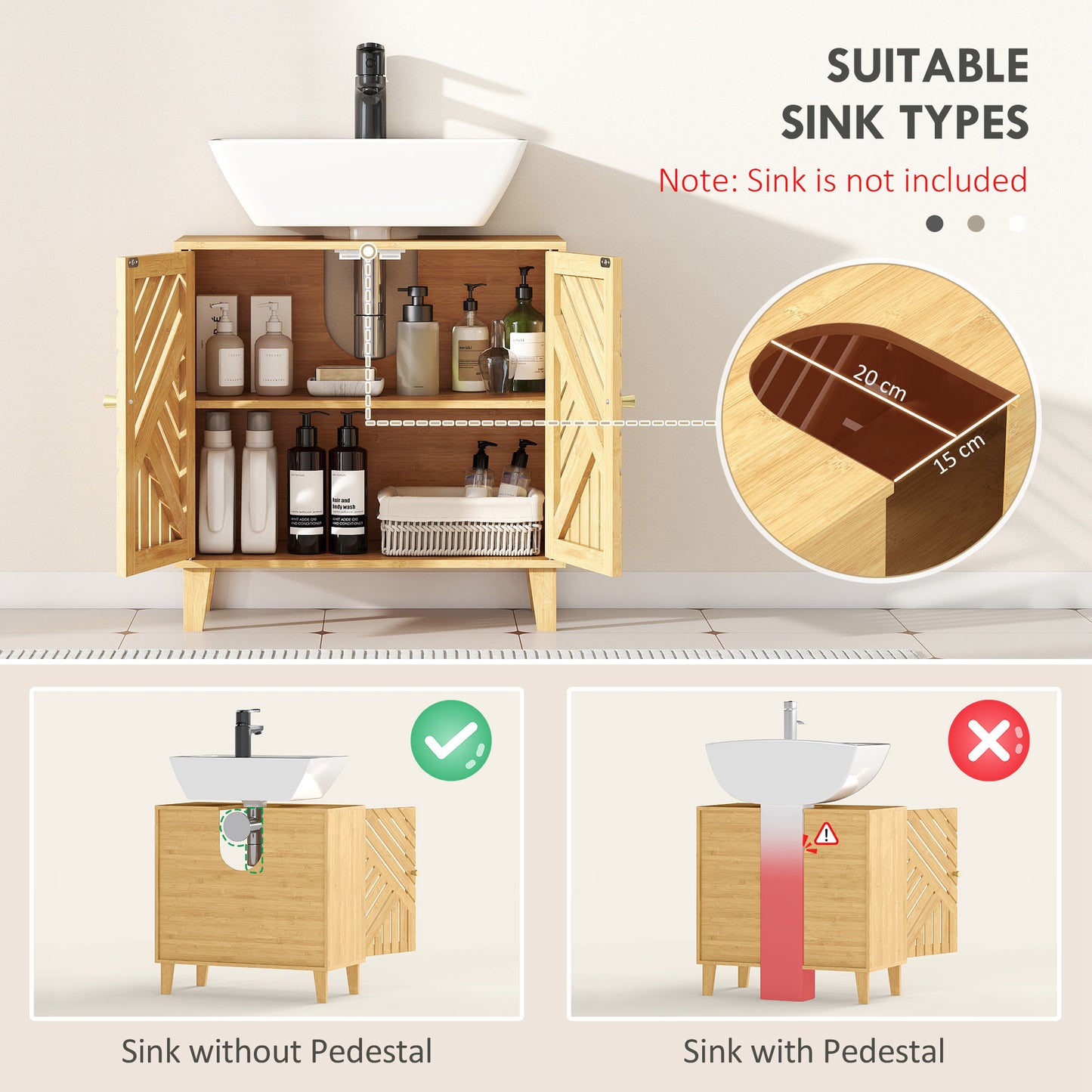 HOMCOM bamboo bathroom under sink cabinet with adjustable shelf, natural finish, designed for basin installation without pedestal