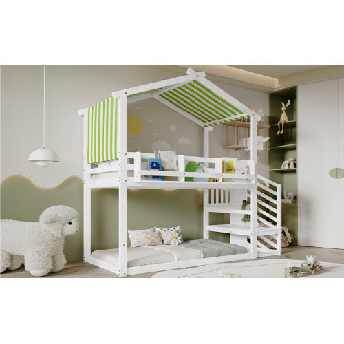 Kids Bunk Bed with Corner Staircase and Canopy – White & Green