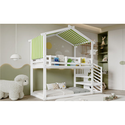 Kids Bunk Bed with Corner Staircase and Canopy – White & Green