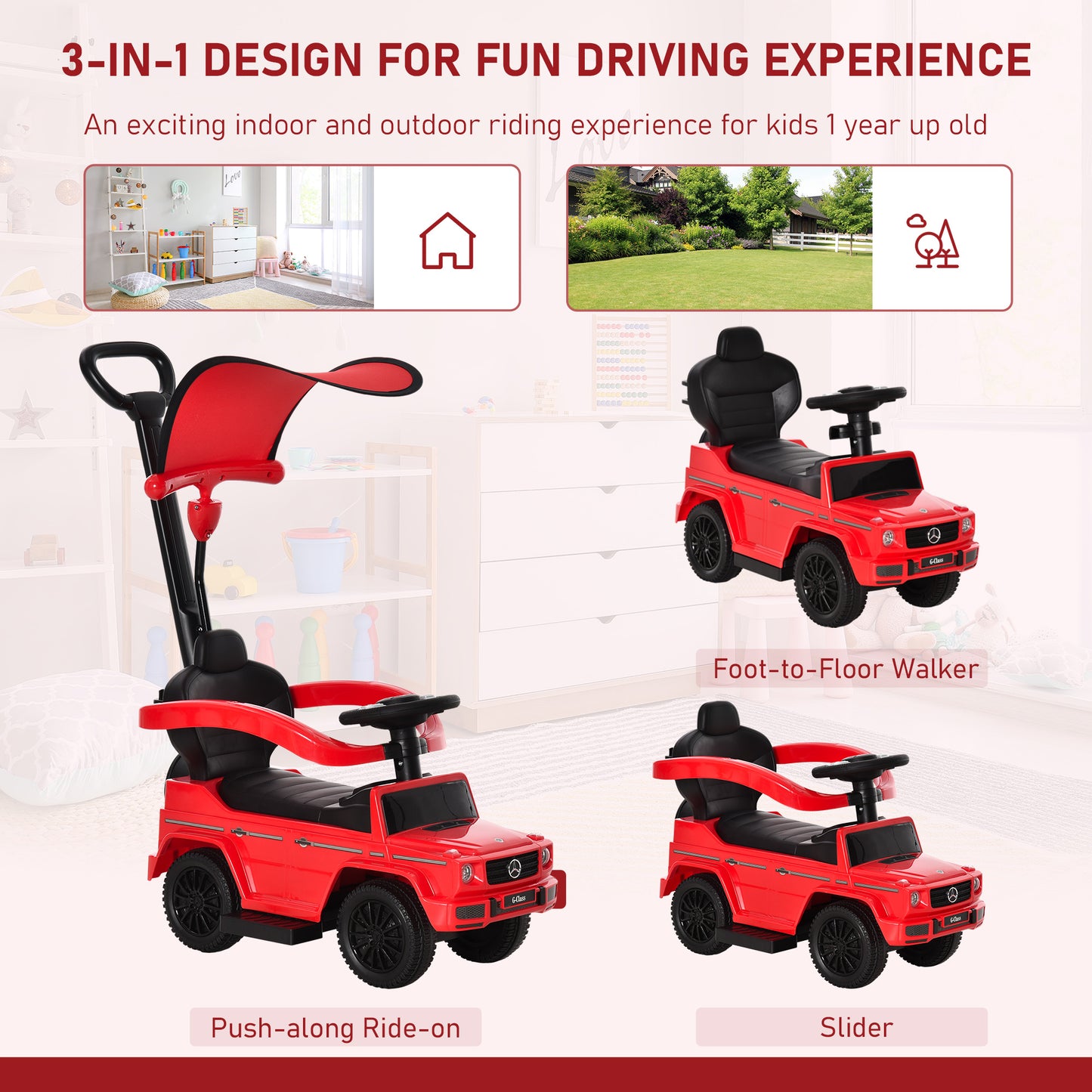 Red HOMCOM 3-in-1 kids ride-on push car with steering wheel, horn, and foot-to-floor design for toddlers, manual and adjustable.
