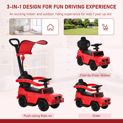 Red HOMCOM 3-in-1 kids ride-on push car with steering wheel, horn, and foot-to-floor design for toddlers, manual and adjustable.
