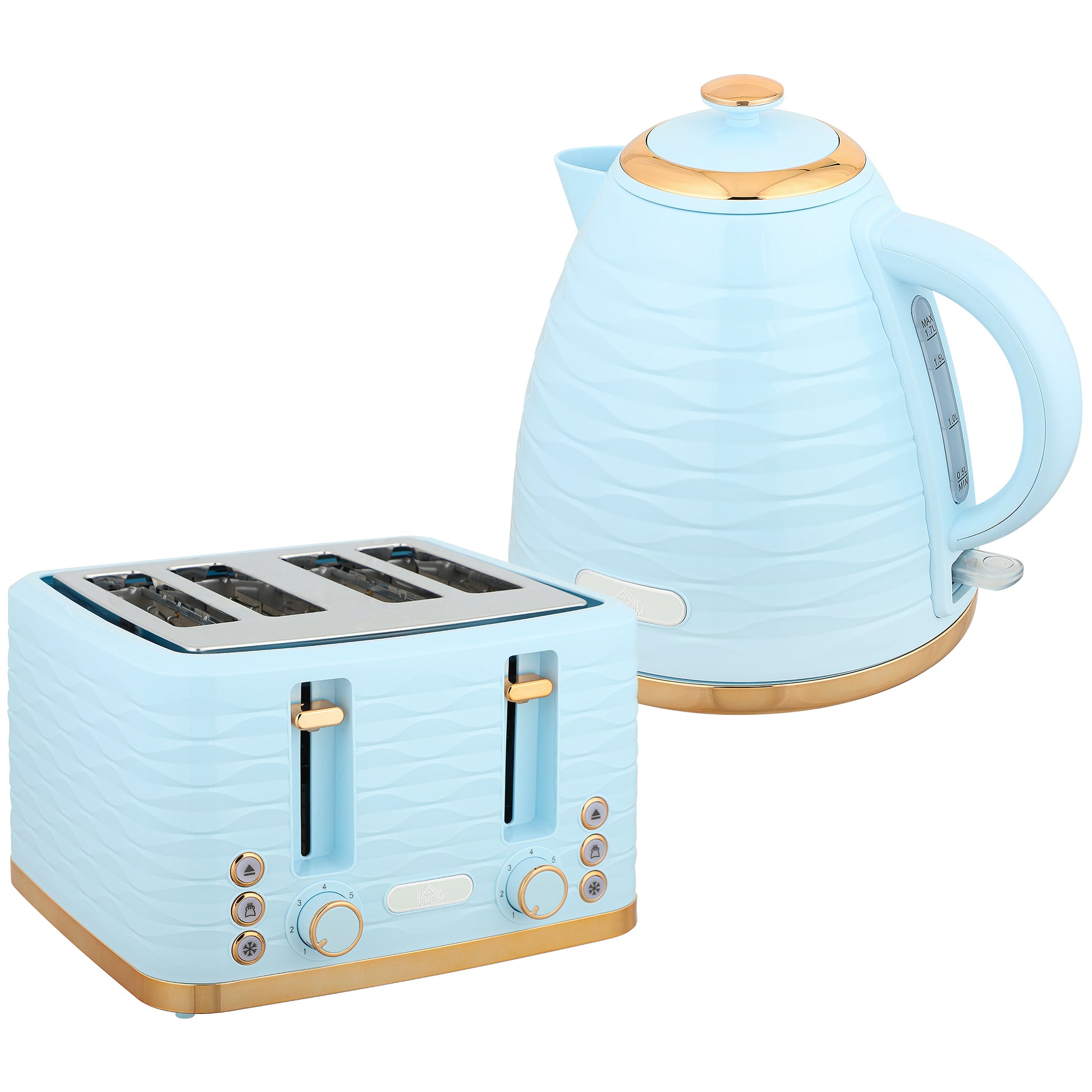 HOMCOM light blue 3000W kettle and 4-slice toaster set with 7 browning controls and crumb tray, featuring a sleek modern design.