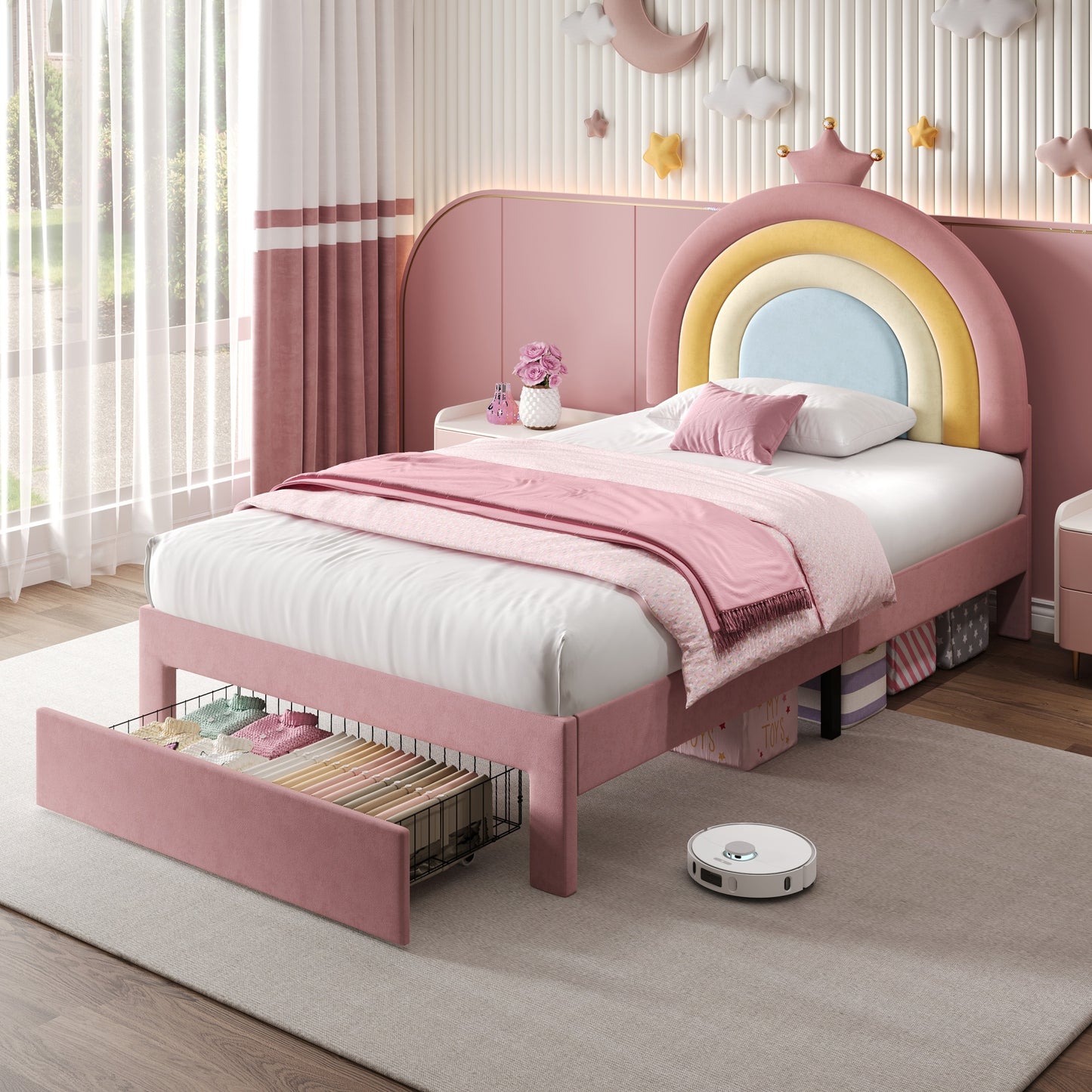 HOMCOM 3ft single upholstered bed with colorful rainbow crown headboard, soft velvet frame, storage drawer, and easy assembly.