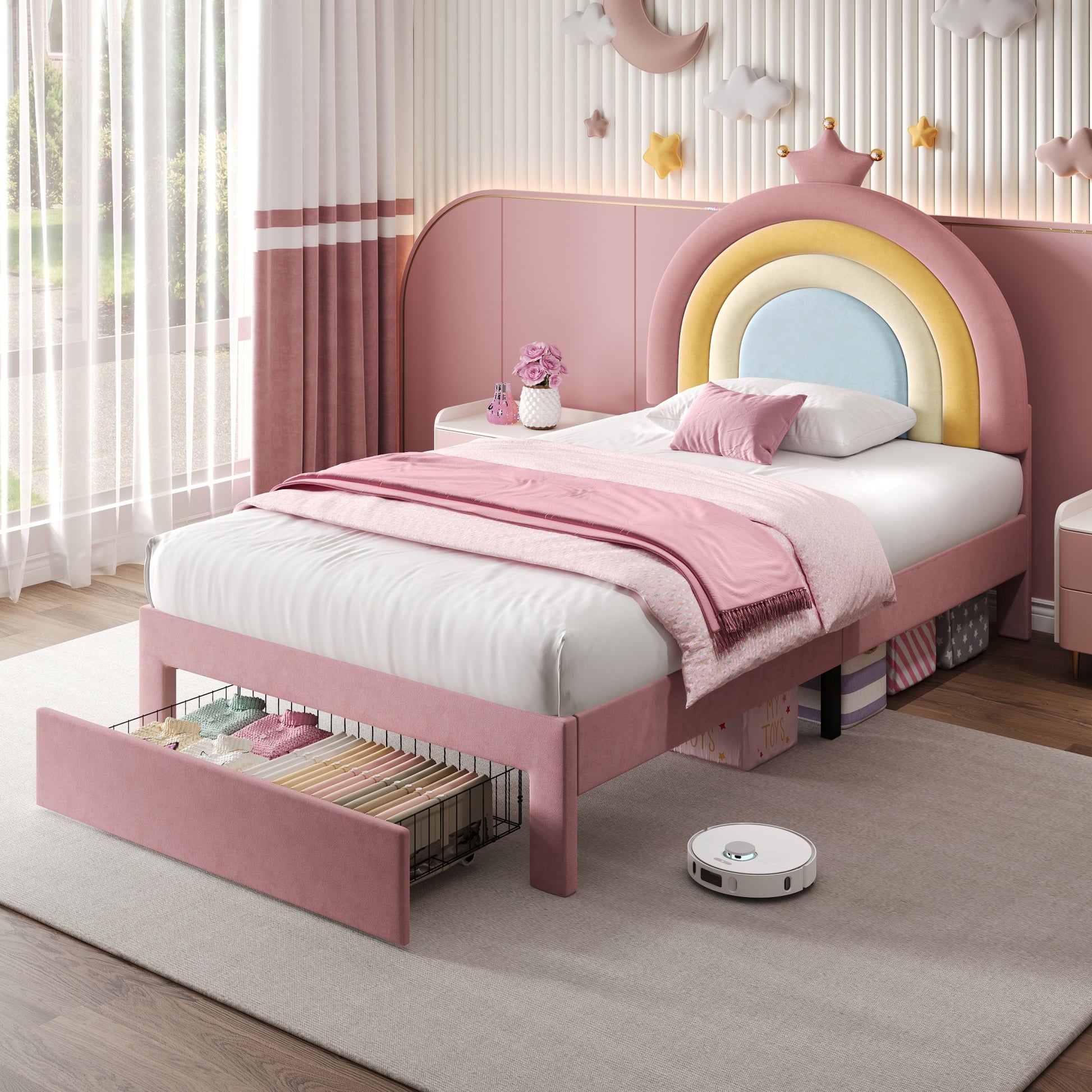 HOMCOM 3ft single upholstered bed with colorful rainbow crown headboard, soft velvet frame, storage drawer, and easy assembly.