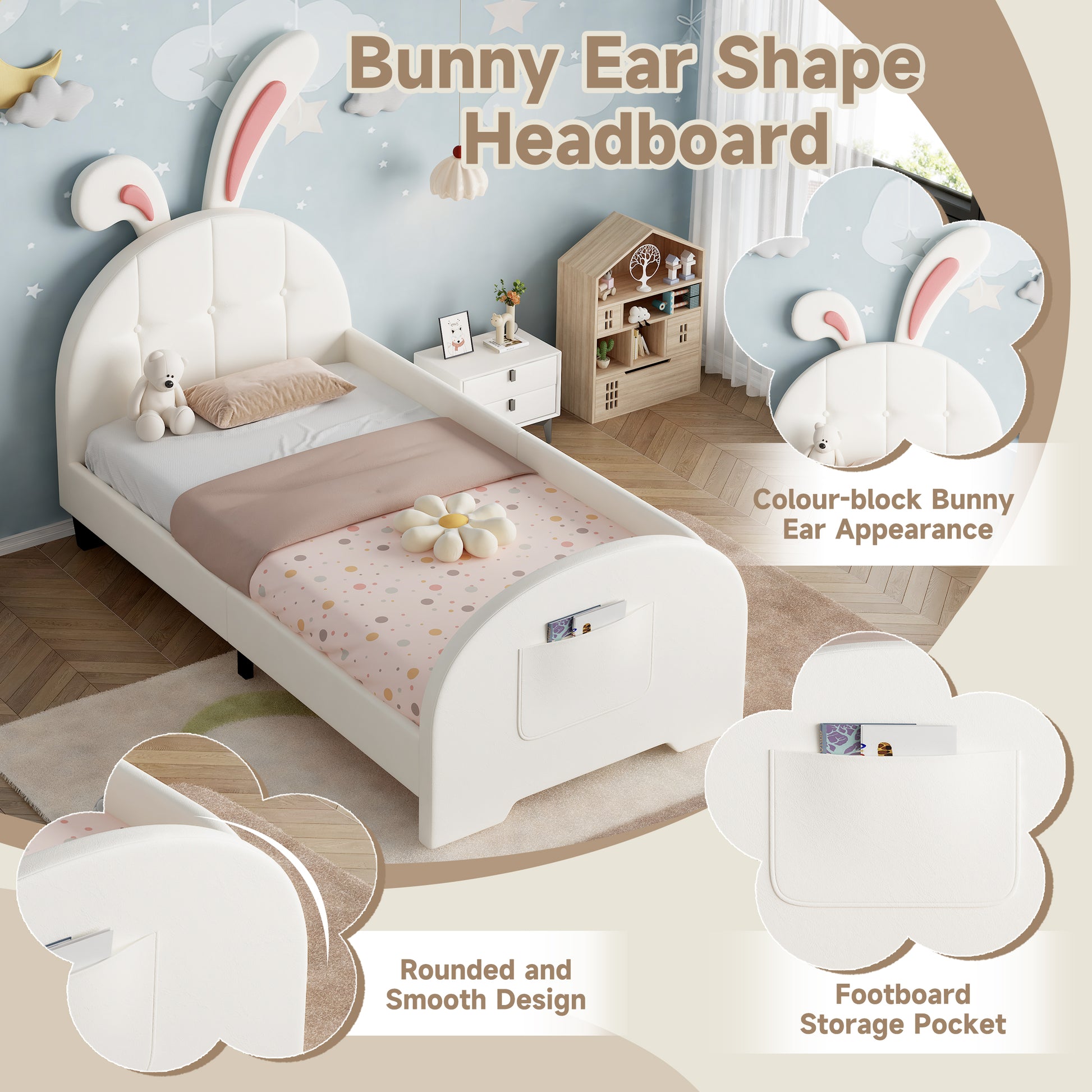 Cream white HOMCOM 3ft single rabbit-shaped upholstered bed frame with bunny ear headboard, storage pocket, soft PU leather, sturdy metal-wood frame.