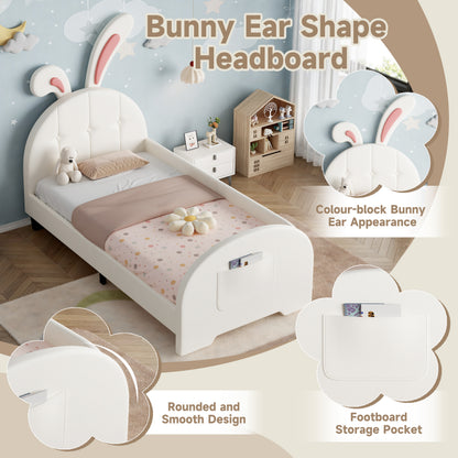 Cream white HOMCOM 3ft single rabbit-shaped upholstered bed frame with bunny ear headboard, storage pocket, soft PU leather, sturdy metal-wood frame.