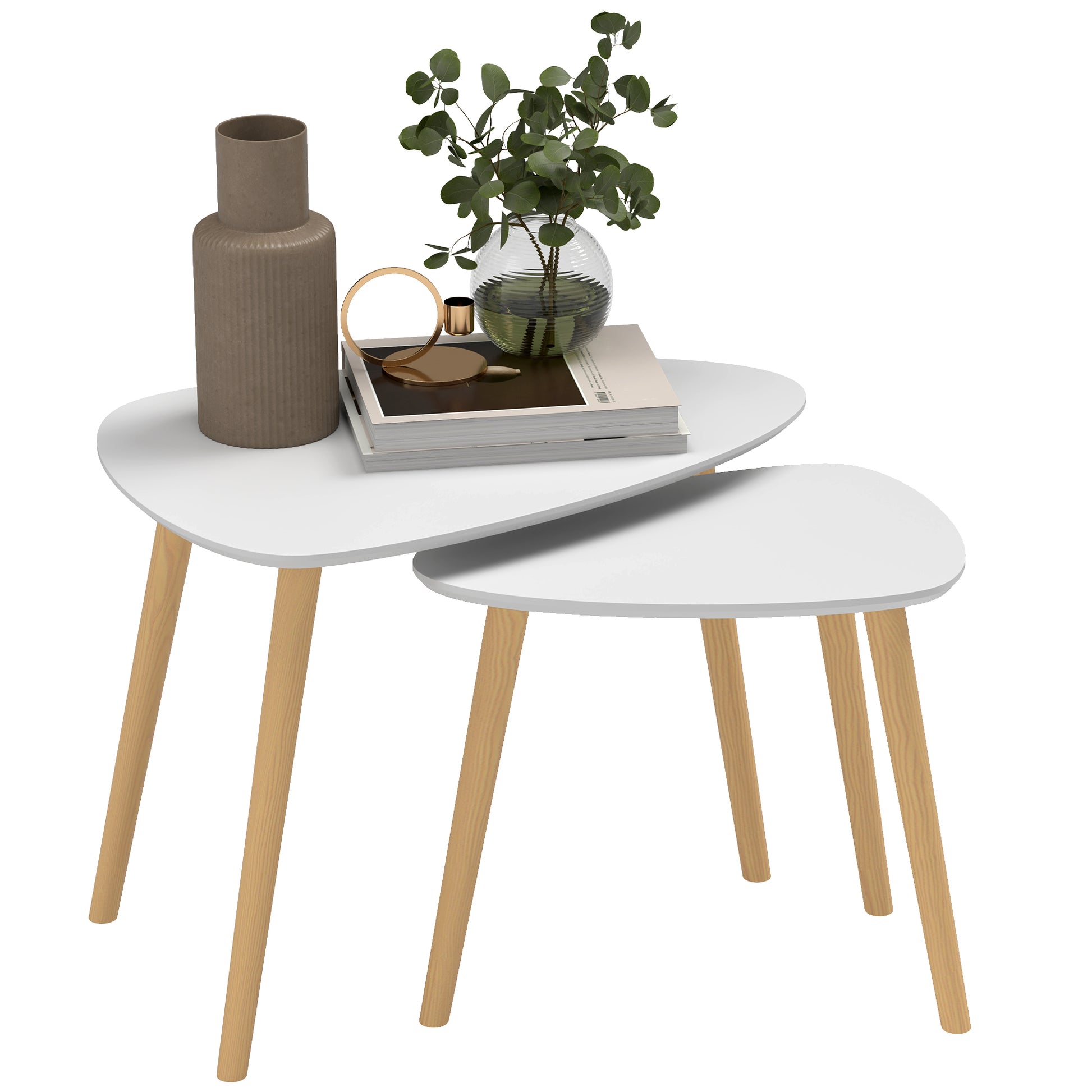 HOMCOM nesting coffee tables set of 2 with solid wood legs, light grey finish, suitable for living room or bedroom decor.