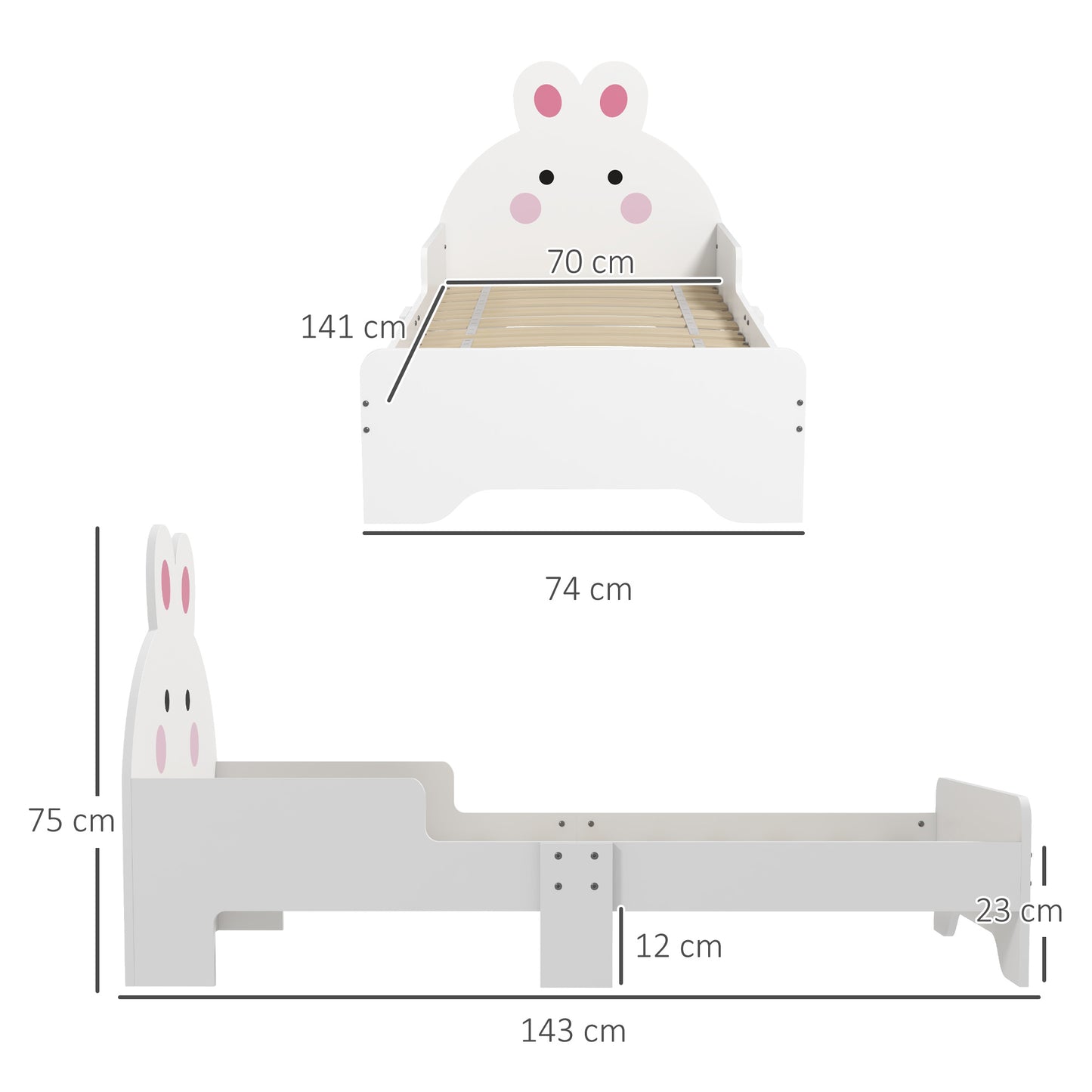 White HOMCOM ZONEKIZ rabbit-designed toddler bed with playful rabbit headboard and safety rails, suitable for kids' bedroom furniture.