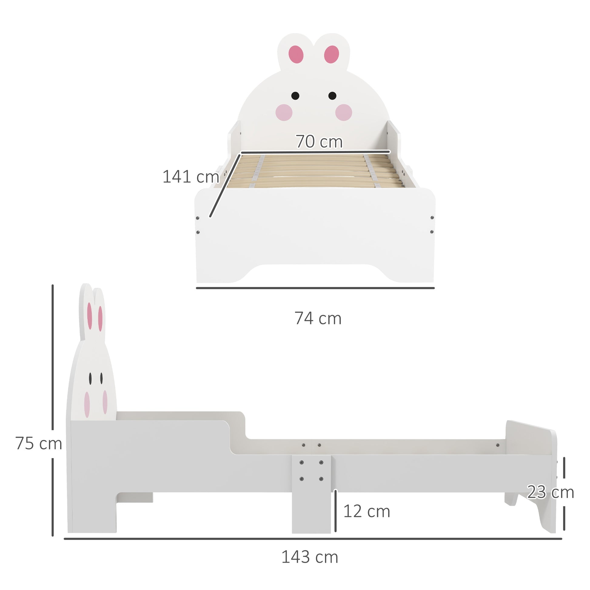 White HOMCOM ZONEKIZ rabbit-designed toddler bed with playful rabbit headboard and safety rails, suitable for kids' bedroom furniture.