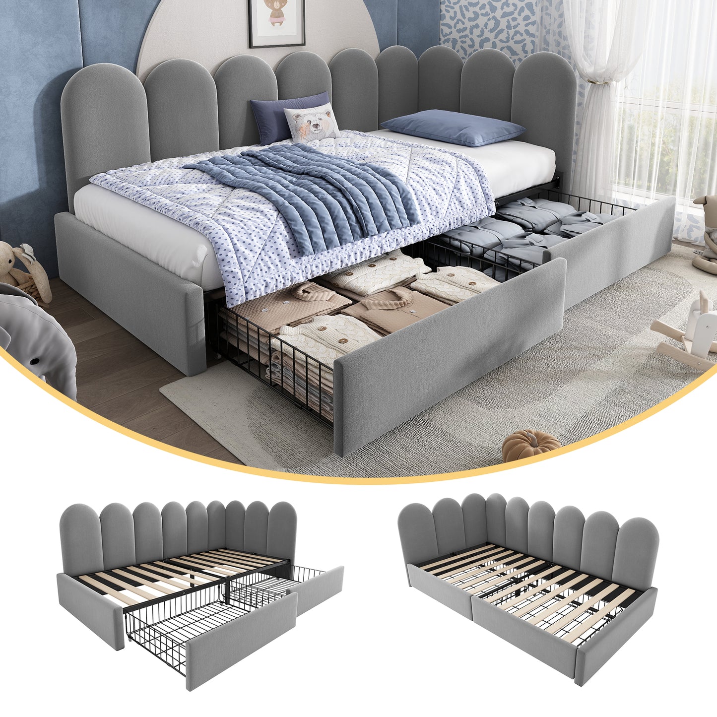 Grey upholstered kids' daybed with drawer storage, velvet finish, slatted frame, suitable for children and adults, 3ft single size.
