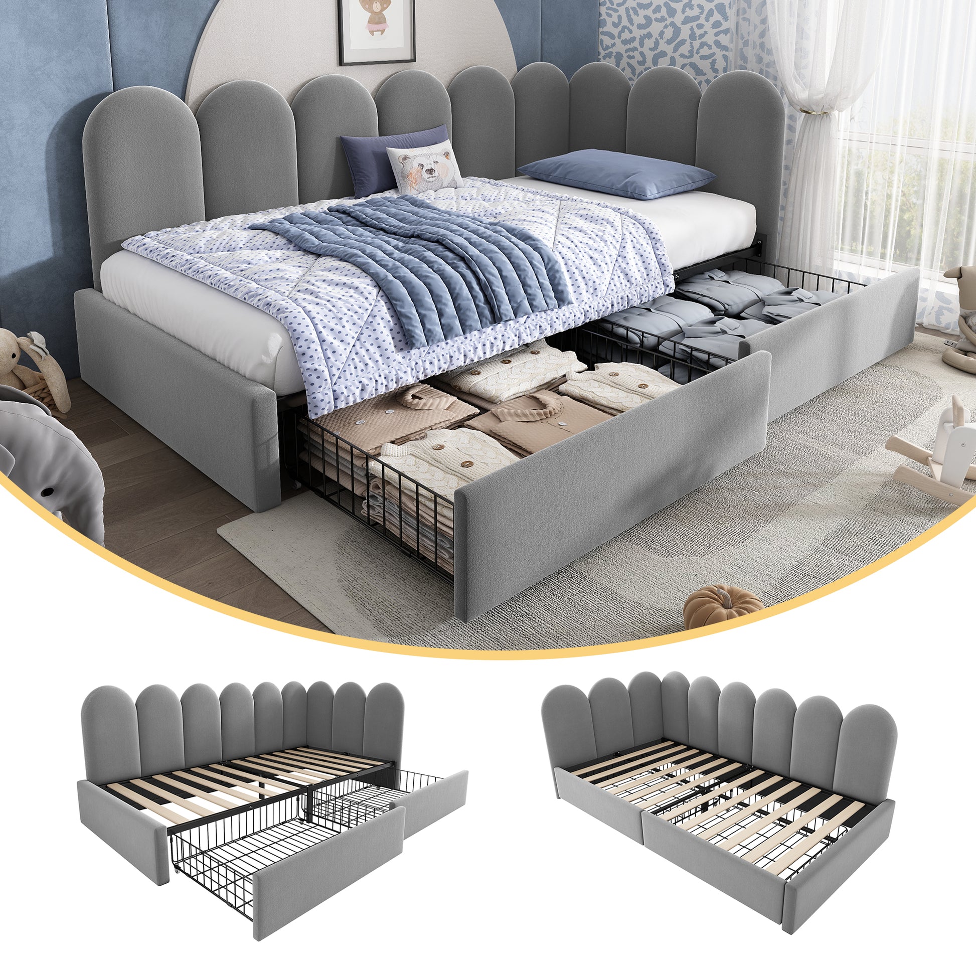 Grey upholstered kids' daybed with drawer storage, velvet finish, slatted frame, suitable for children and adults, 3ft single size.