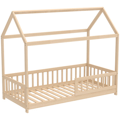 House-shaped kids bed frame with guard rails, natural solid pine wood, for boys and girls, featuring a cozy, playful design.