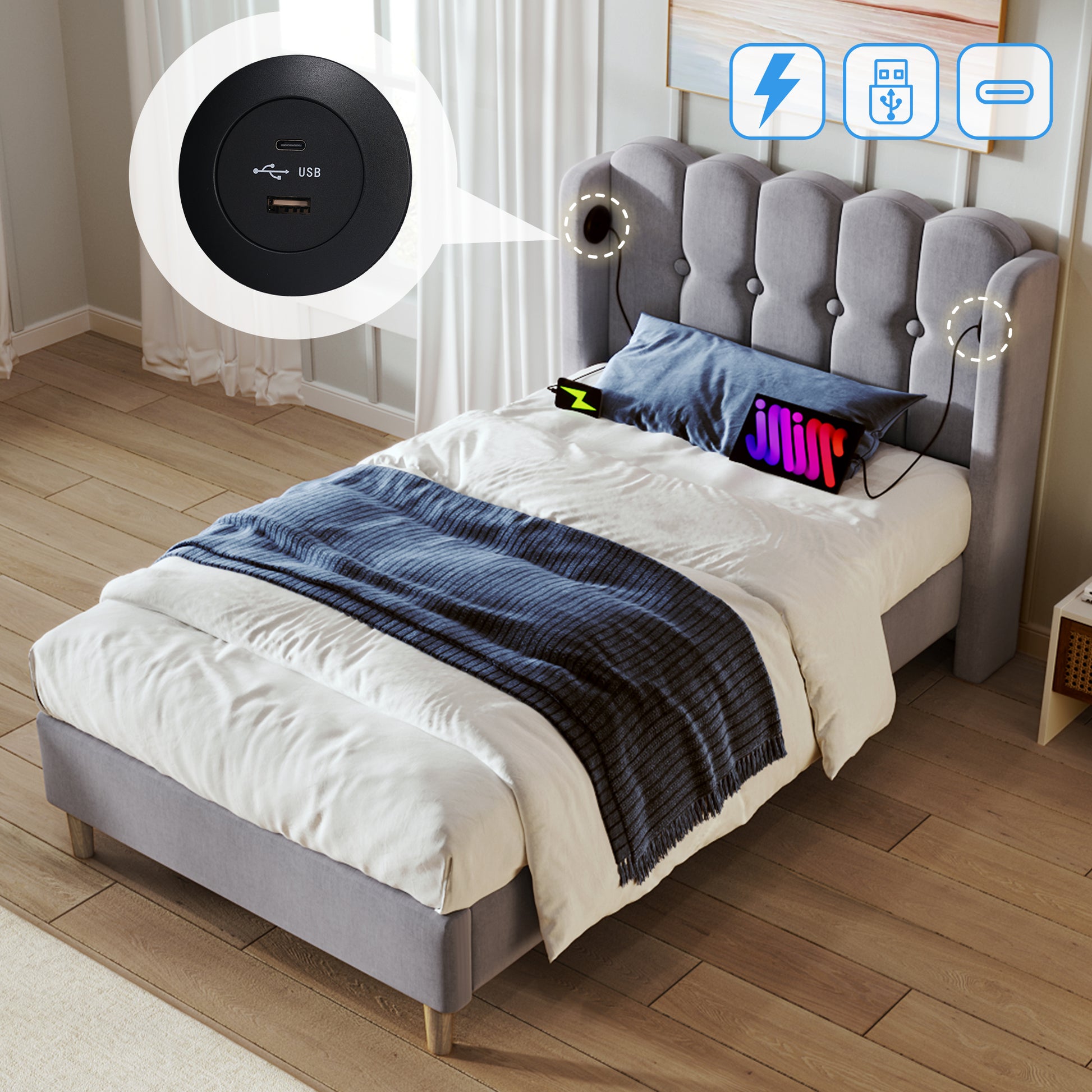 Grey linen upholstered single bed with wooden slatted frame, USB and Type-C charging ports, ideal for teenagers and guest rooms.