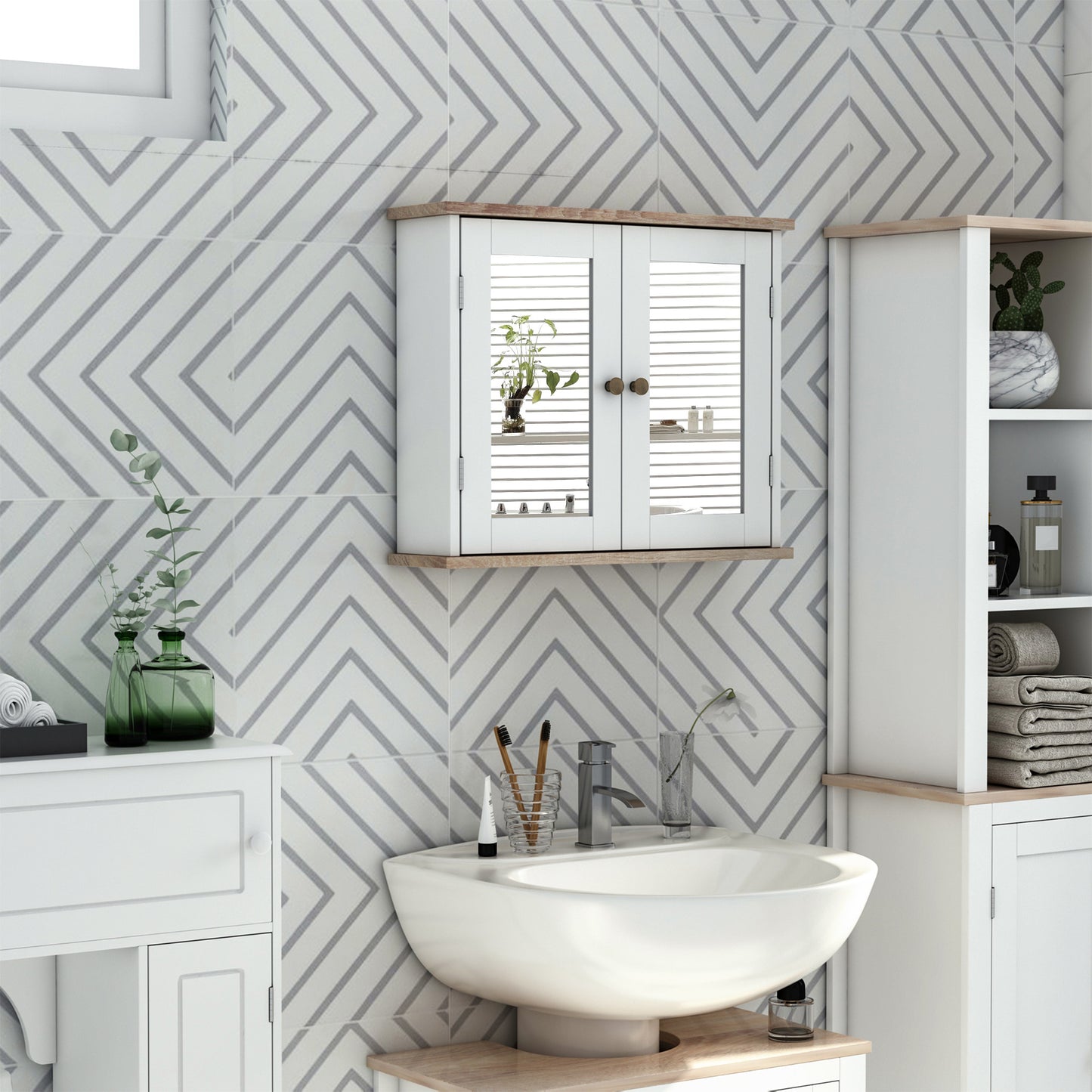 HOMCOM Kleankin bathroom mirror cabinet with double doors, white wall-mounted storage cupboard and adjustable shelf inside