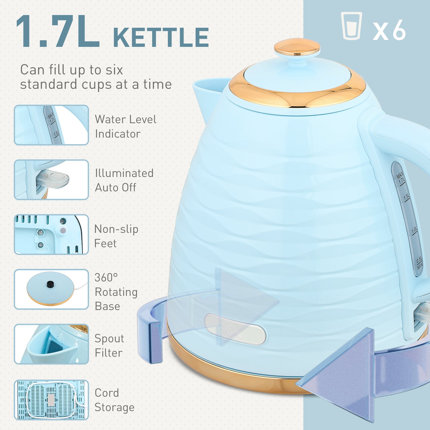 HOMCOM light blue 3000W 1.7L kettle and 4-slice toaster set with browning controls and crumb tray on a kitchen counter.