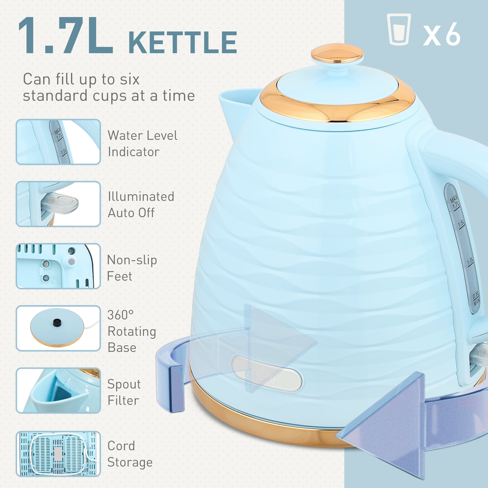HOMCOM light blue 3000W 1.7L kettle and 4-slice toaster set with browning controls and crumb tray on a kitchen counter.