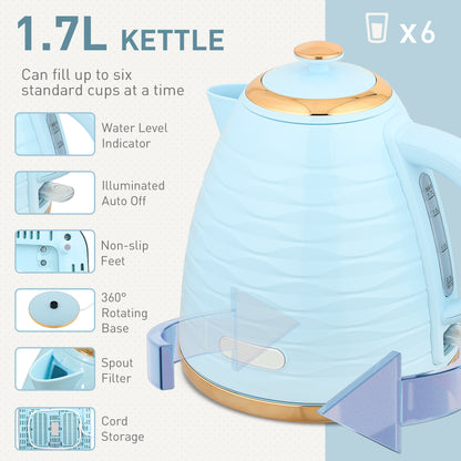 HOMCOM light blue 3000W 1.7L kettle and 4-slice toaster set with browning controls and crumb tray on a kitchen counter.