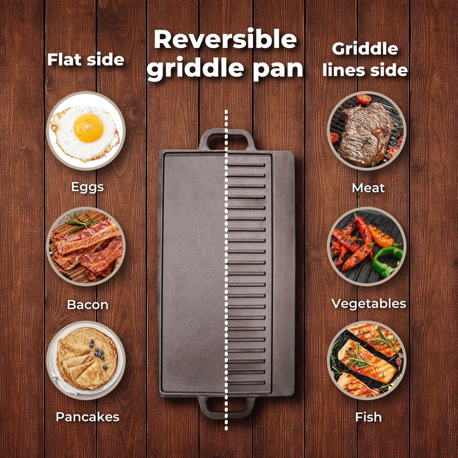 Livoshop reversible cast iron griddle plate with non-stick surface and grill ridges, 49.5cm BBQ skillet for versatile cooking.
