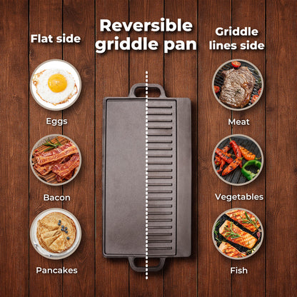 Livoshop reversible cast iron griddle plate with non-stick surface and grill ridges, 49.5cm BBQ skillet for versatile cooking.