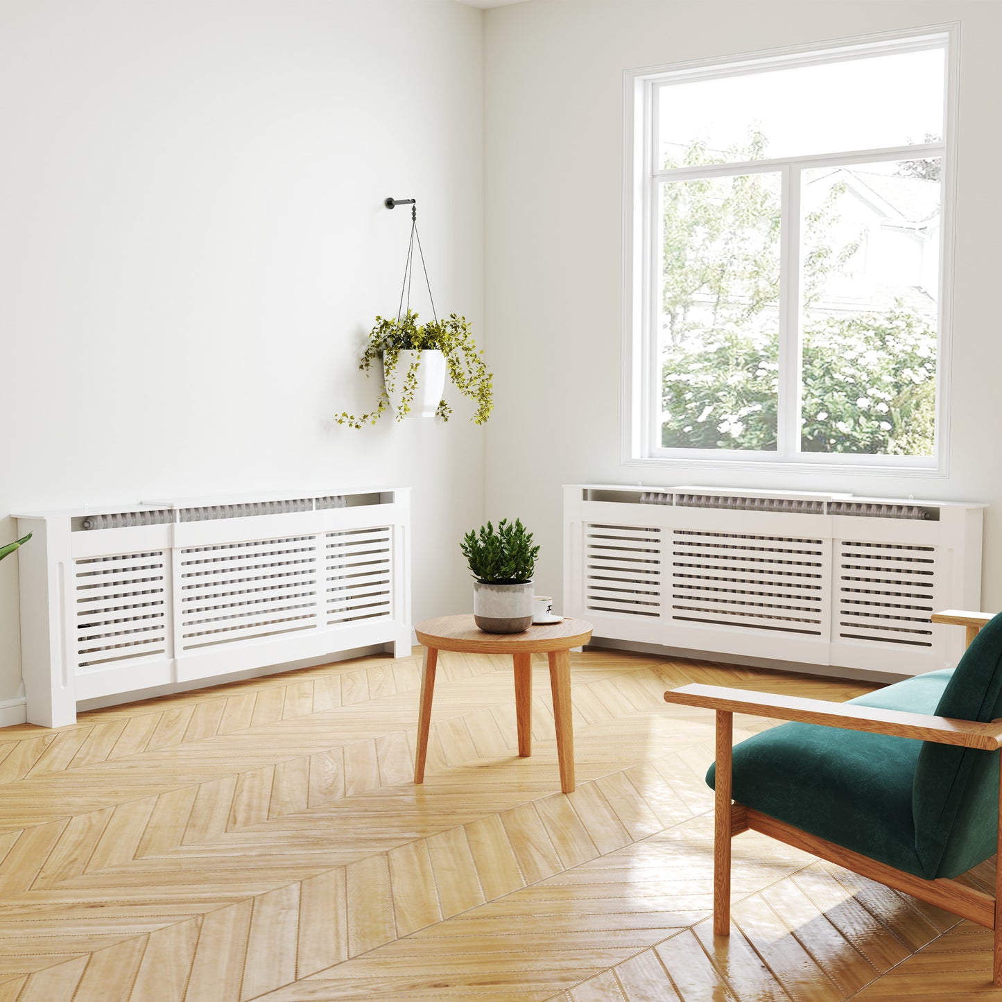 Set of 2 white MDF extendable radiator covers with cabinet shelving, slatted design, ideal for home or office, HOMCOM.