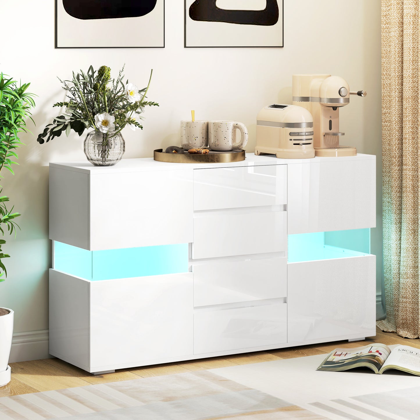 LED light sideboard in high gloss white with modern design, featuring sleek surfaces and ambient lighting from HOMCOM.