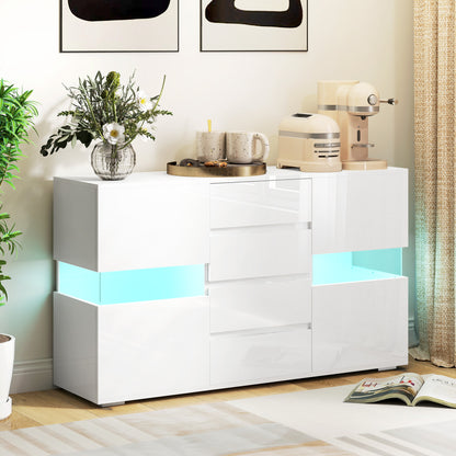 LED light sideboard in high gloss white with modern design, featuring sleek surfaces and ambient lighting from HOMCOM.