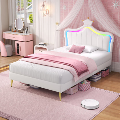 Cream white HOMCOM 3ft single upholstered bed with LED crown-shaped headboard, PU leather frame, solid wood slats, easy to assemble