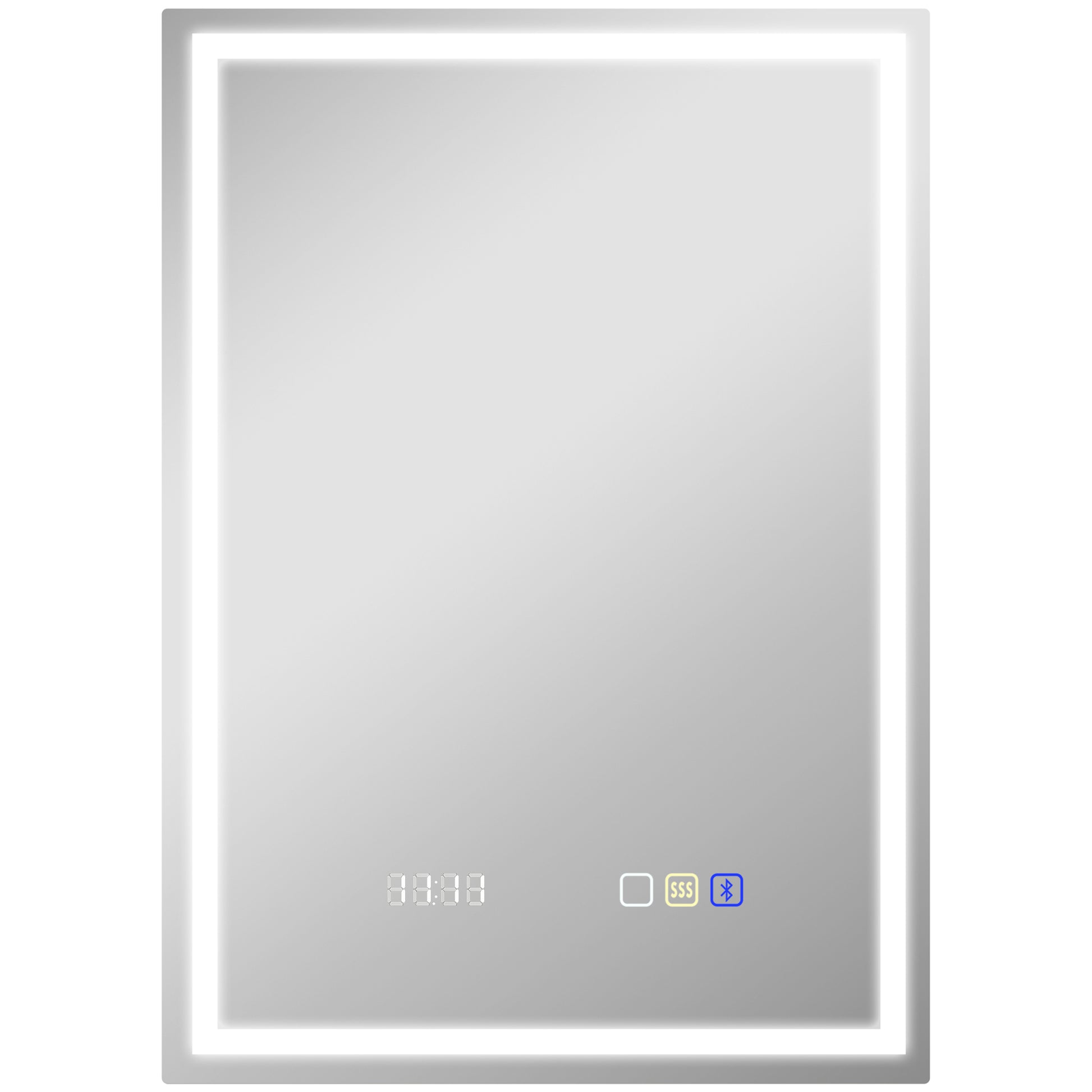 Silver tone HOMCOM 50x70 cm anti-fog LED bathroom mirror with Bluetooth, clock, and modern design, shown with reflective surface.