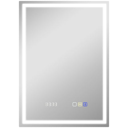 Silver tone HOMCOM 50x70 cm anti-fog LED bathroom mirror with Bluetooth, clock, and modern design, shown with reflective surface.