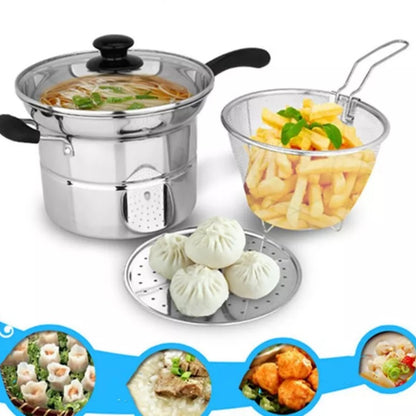HOMCOM 4-piece non-stick chip pan set with deep fryer, noodle soup pot, frying basket, and lid for versatile cooking.