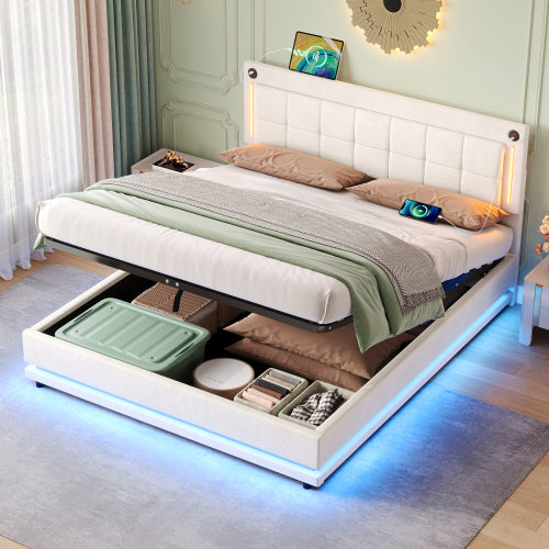 Beige 4ft6 double LED hydraulic bed by HOMCOM with tufted headboard, built-in charging station, USB and Type-C ports, soft velvet fabric