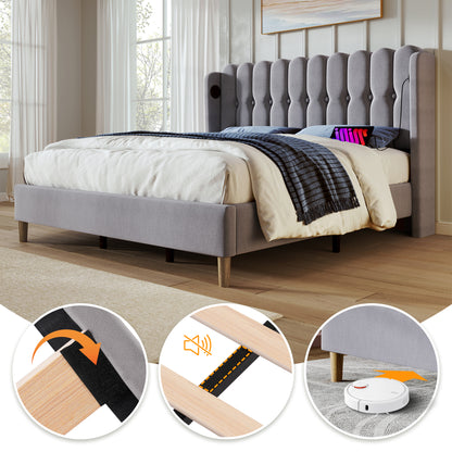 Grey linen upholstered double bed frame with wooden slats, USB and Type-C charging ports, suitable for bedroom or guest room.