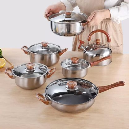 Set of 12 stainless steel cookware including saucepans, casseroles, and fry pans with glass lids by HOMCOM.